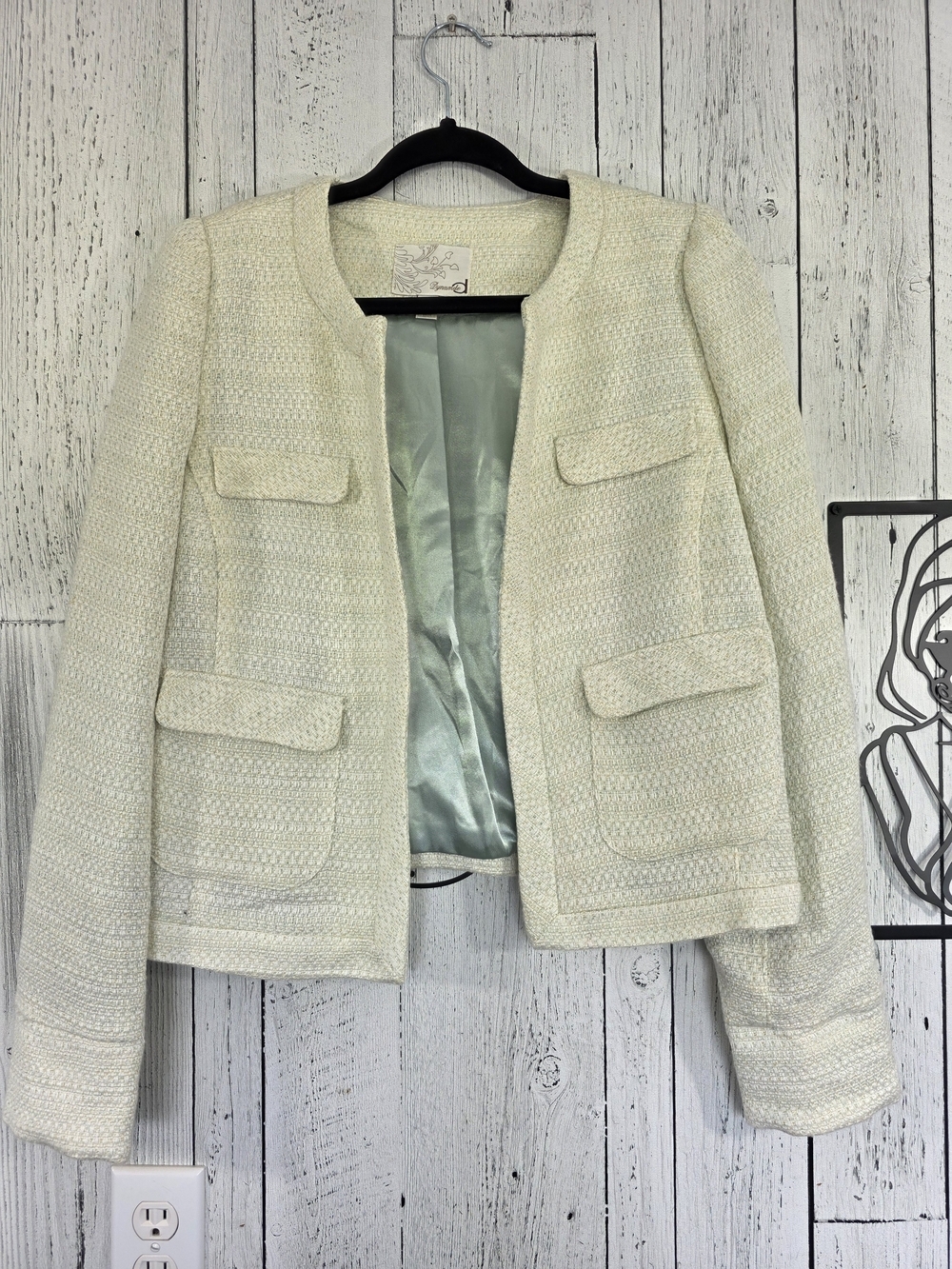 Dynamite Cream Tweed Open Front Blazer Jacket Size Large Business Office Attire